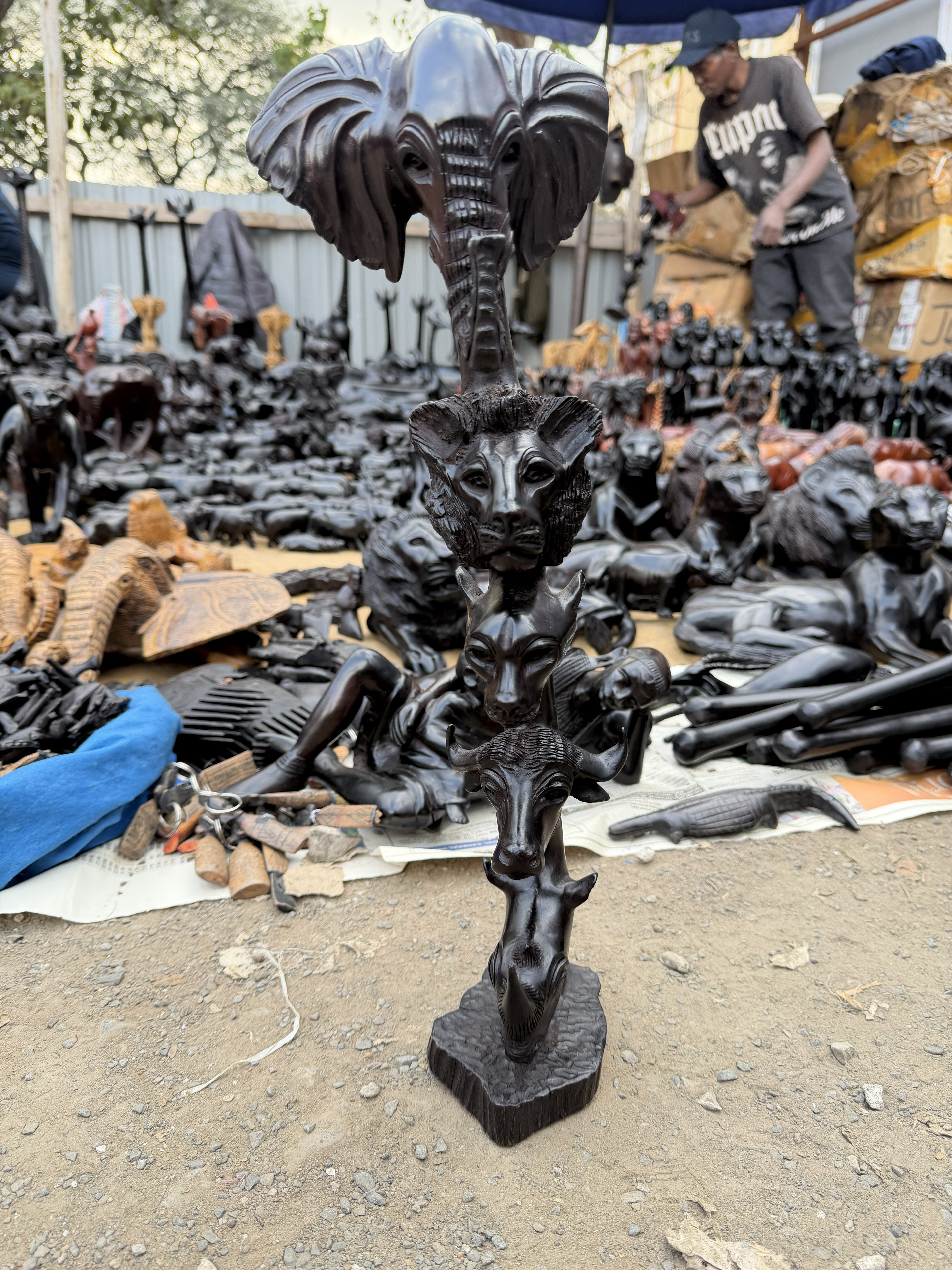 Carved Ebony "Big Five" Totem Sculpture