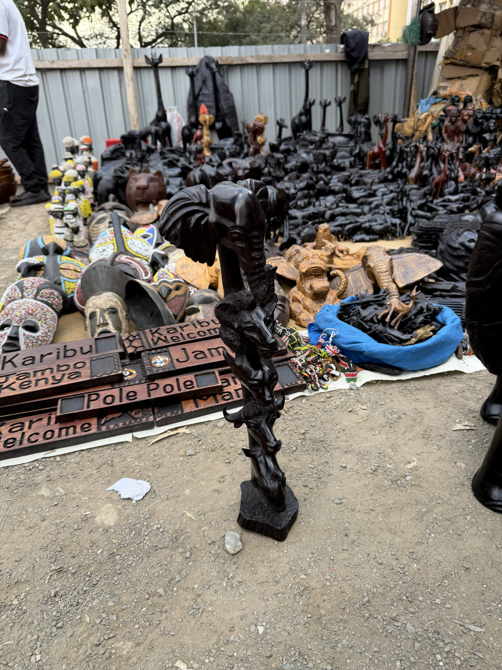 Carved Ebony "Big Five" Totem Sculpture