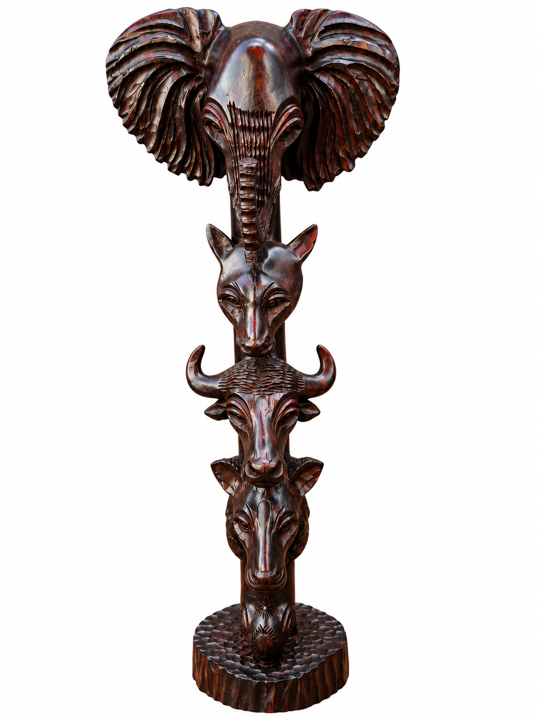 Carved Ebony "Big Five" Totem Sculpture