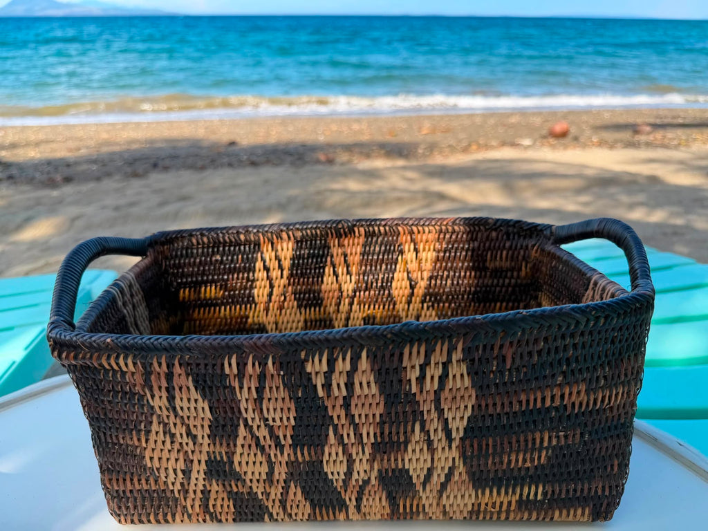 Hand-Woven Rectangular Basket with Handle