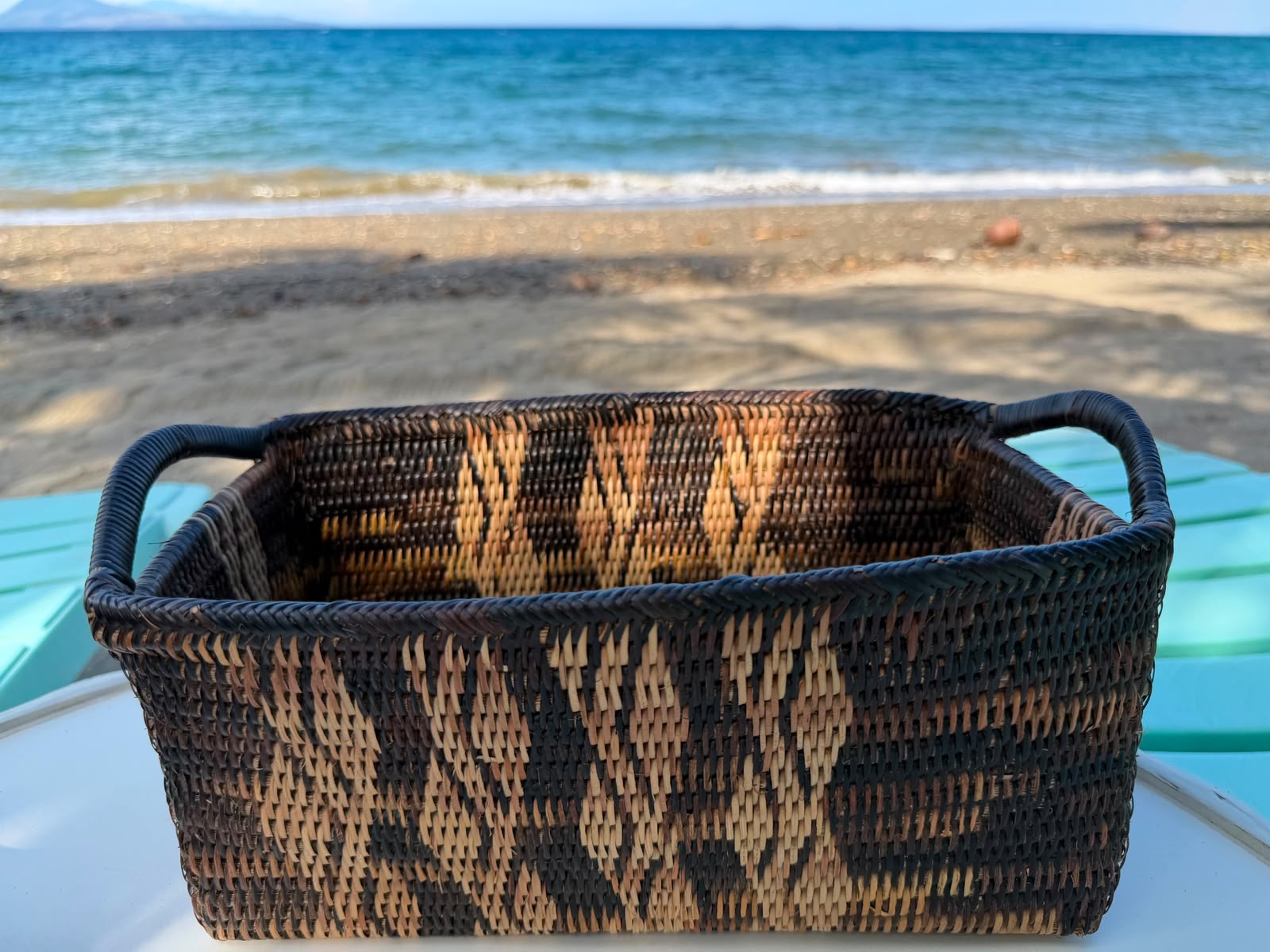 Hand-Woven Rectangular Basket with Handle