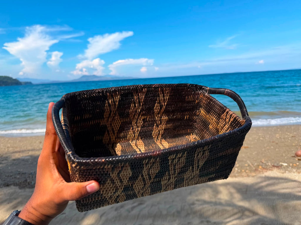 Hand-Woven Rectangular Basket with Handle