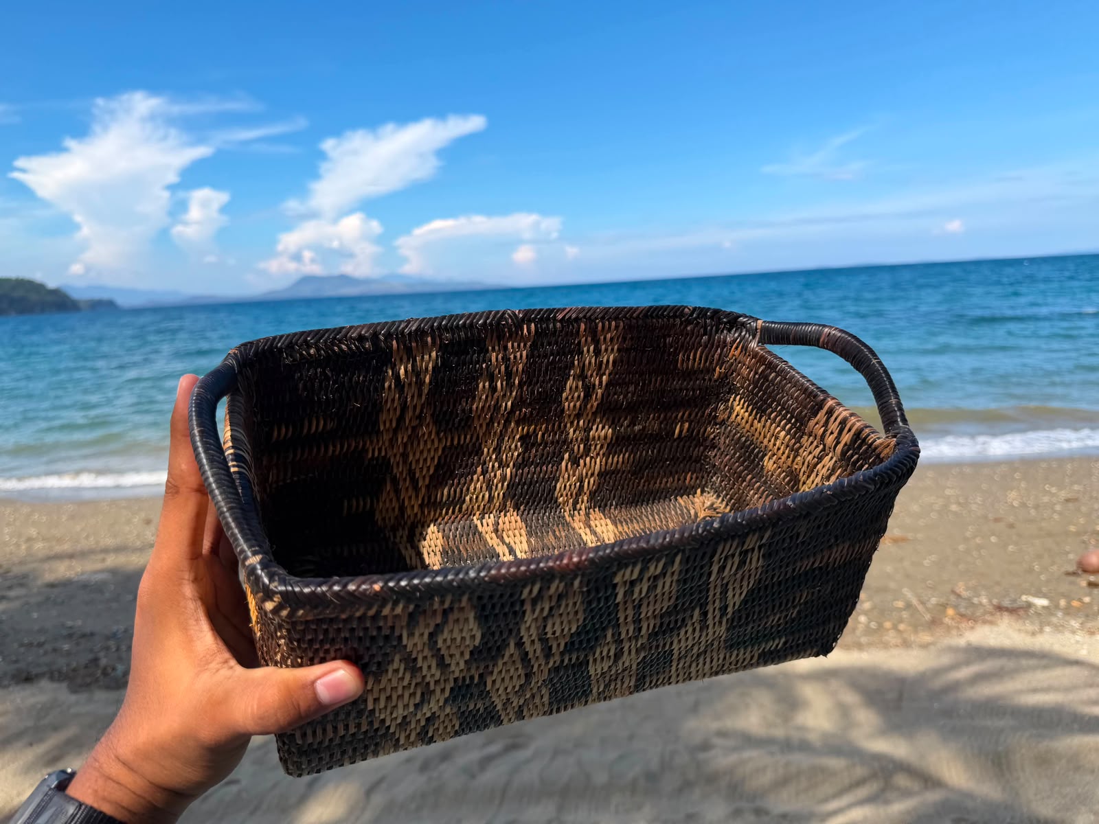 Hand-Woven Rectangular Basket with Handle