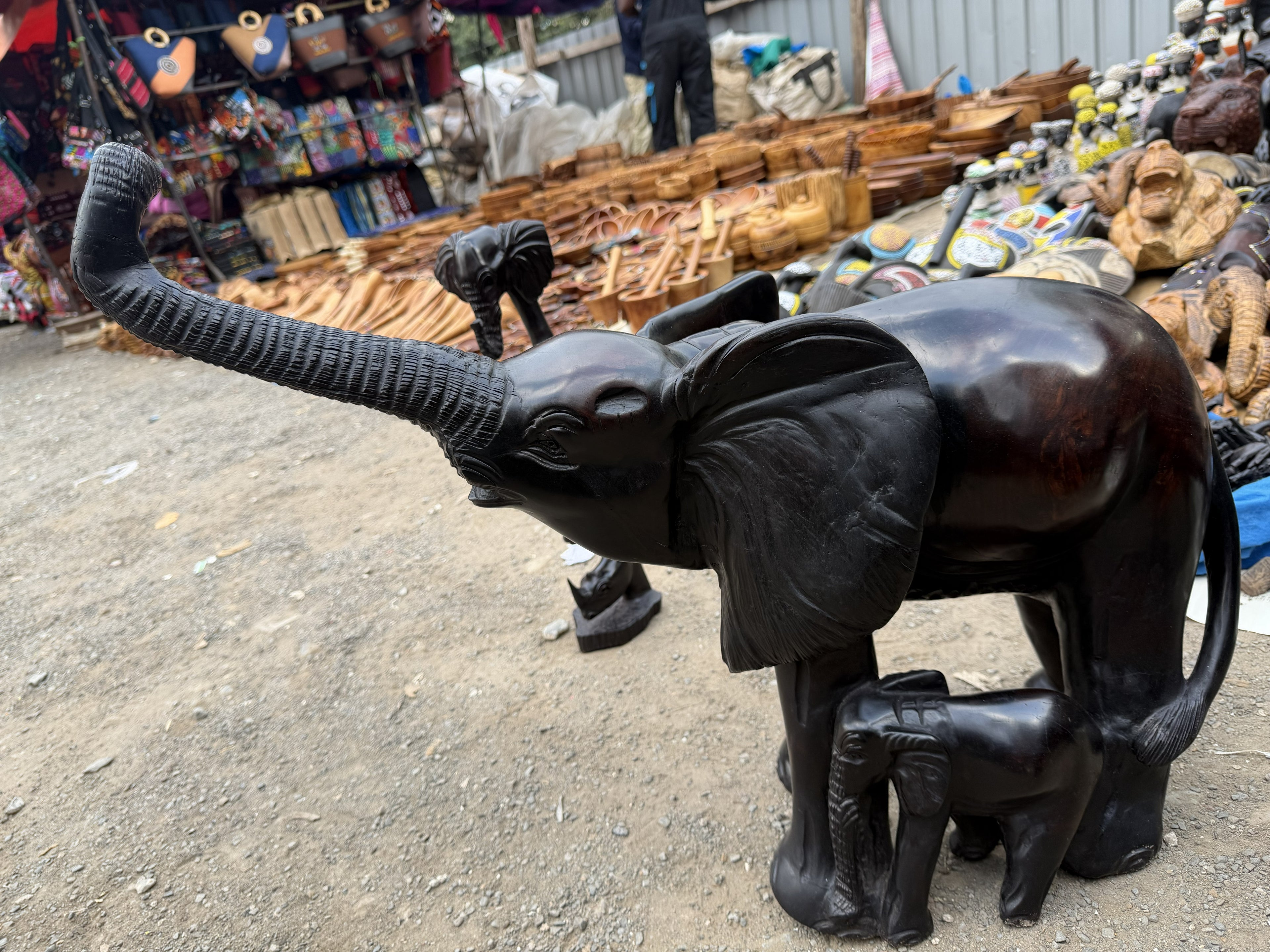 Carved Hardwood Elephant &amp; Calf Sculpture