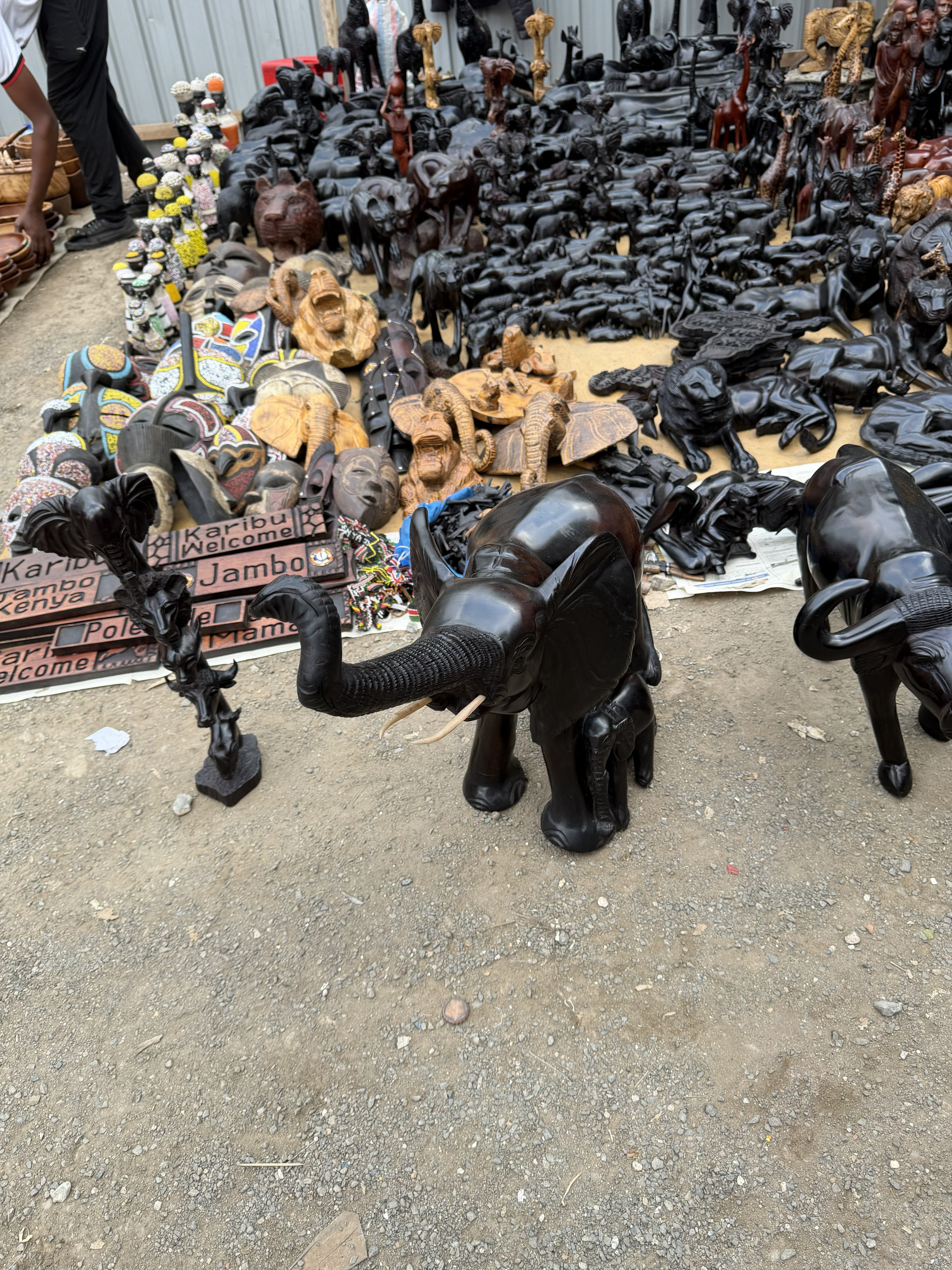 Carved Hardwood Elephant &amp; Calf Sculpture