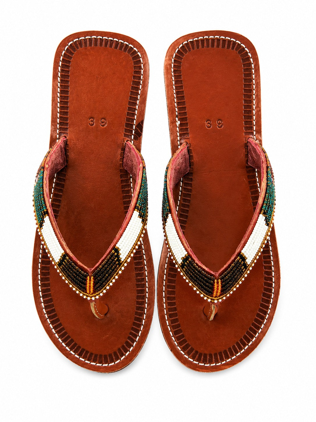 Mottled Leather Beaded V-Strap Sandals
