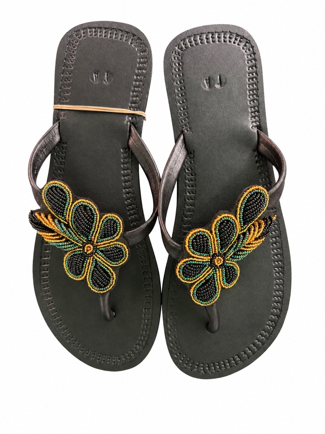 Beaded Flower Leather Thong Sandals
