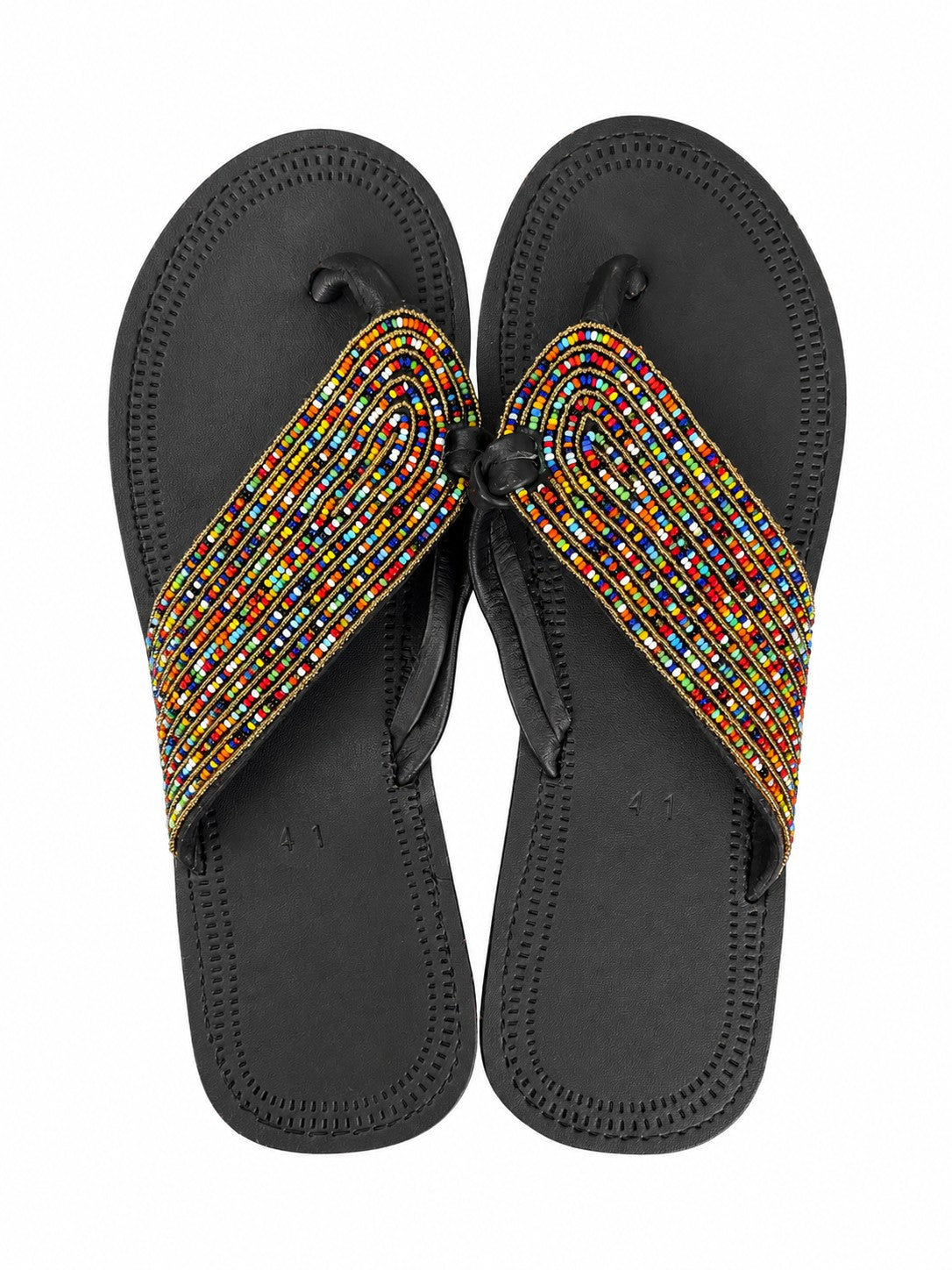 Rainbow Beaded Leather Thong Sandals