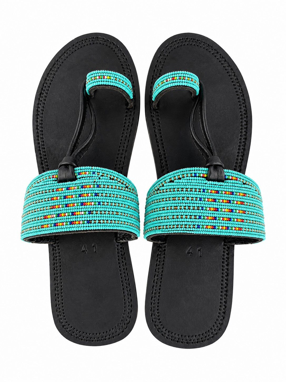 Turquoise Beaded Leather Thong Sandals